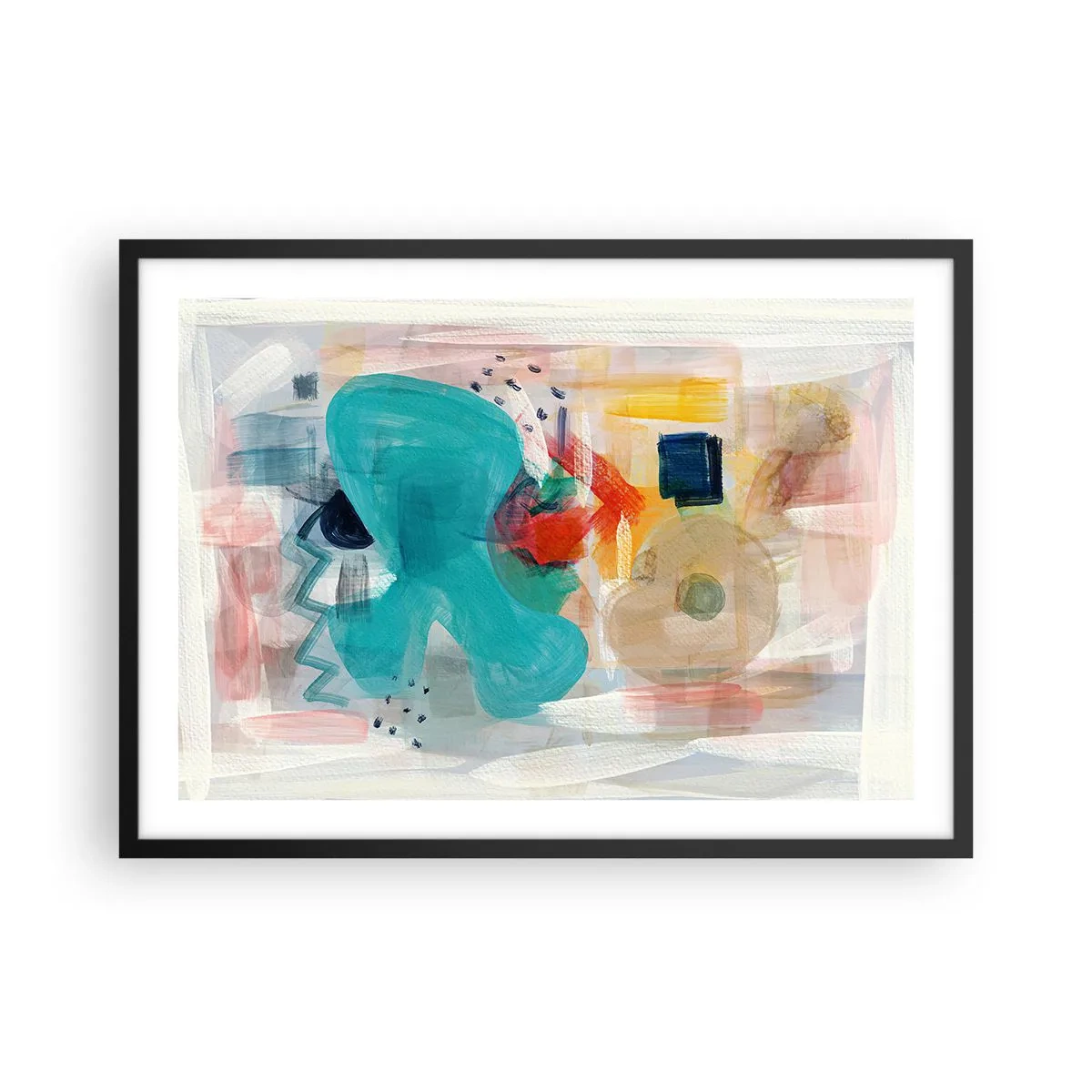 Plakat w czarnej ramie - Abstrakcyjne kształty i kolory tworzące dynamiczną kompozycję - 70x50cm - Kolorowa gra - Nowoczesna dekoracja ścienna do salonu i sypialni ARTTOR