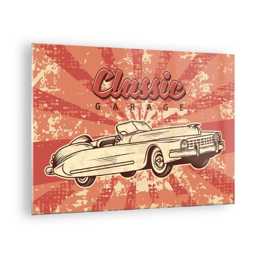 Obraz na szkle - Grafika retro przedstawiająca klasyczny samochód na tle promieni - 70x50cm - A w radiu Elvis - Nowoczesna dekoracja ścienna do salonu i sypialni ARTTOR