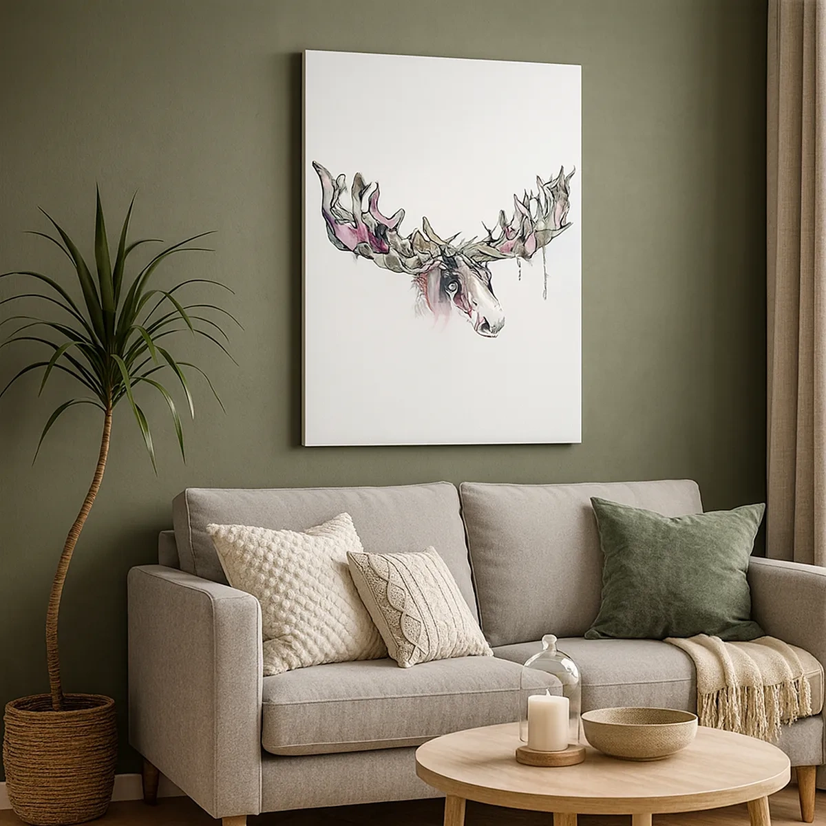 Obraz na płótnie - Artystyczna akwarela łosia z barwnym porożem na białym tle - 50x70cm - Korona króla lasu - Nowoczesna dekoracja ścienna do salonu, kuchni i sypialni ARTTOR