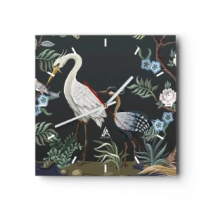 Zegar ścienny - Malowane ptaki i rośliny na ciemnym tle o eleganckim wzorze - 30x30cm - Ptasia parada - Nowoczesna dekoracja ścienna do salonu i sypialni ARTTOR