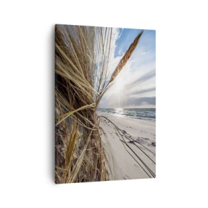 Obraz na płótnie - Plaża z trawą morską na wydmach o zachodzie słońca - 50x70cm - Spotkanie żywiołów - Nowoczesna dekoracja ścienna do salonu, kuchni i sypialni ARTTOR