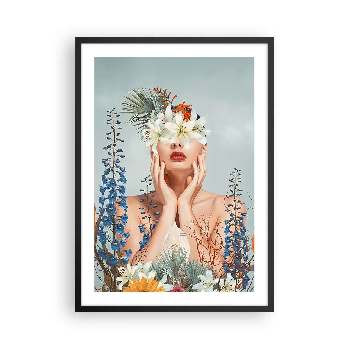 Plakat w czarnej ramie - Kobieta otoczona kwiatami w surrealistycznej kompozycji - 50x70cm - Kobieta – kwiat - Nowoczesna dekoracja ścienna do salonu i sypialni ARTTOR