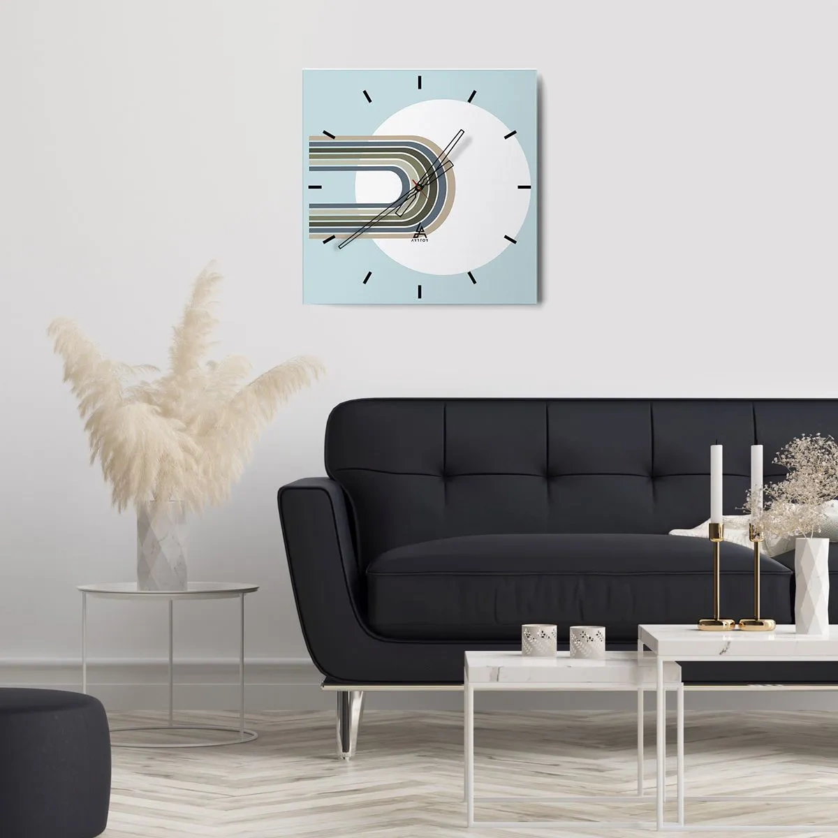 Zegar ścienny - Minimalistyczna kompozycja z okręgiem i liniami na pastelowym tle - 30x30cm - Nieodparte przyciąganie - Nowoczesna dekoracja ścienna do salonu i sypialni ARTTOR