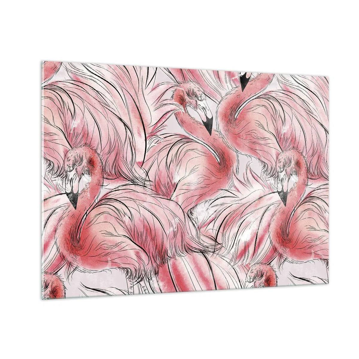 Obraz na szkle - Różowe flamingi w dekoracyjnym stylu rysunkowym - 100x70cm - Ptasi corps de ballet - Nowoczesna dekoracja ścienna do salonu, kuchni i sypialni ARTTOR