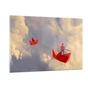 Obraz na szkle - Dwie osoby w czerwonych łodziach na tle nieba pełnego chmur - 120x80cm - Wyprawa marzycieli - Nowoczesna dekoracja ścienna do salonu, kuchni i sypialni ARTTOR
