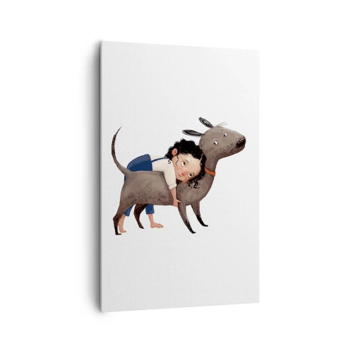 Obraz na płótnie - Ilustracja dziecka przytulającego psa w rysunkowym stylu - 80x120cm - Najlepsi przyjaciele - Nowoczesna dekoracja ścienna do salonu i sypialni ARTTOR