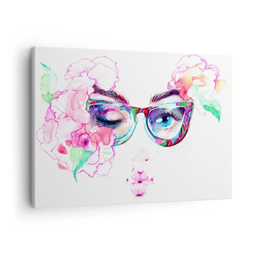 Obraz na płótnie - Akwarelowa twarz z kolorowymi okularami i kwiatami - 70x50cm - Kusząca obietnica - Nowoczesna dekoracja ścienna do salonu i sypialni ARTTOR