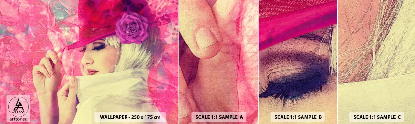 Fototapeta Próbka Samoprzylepna Deluxe Sticker - Portret retro w oparach różu - Kobieta W Kapeluszu, Kwiaty, Moda - 100x30 cm