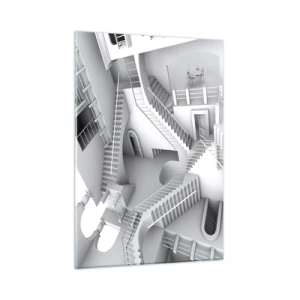 Obraz na szkle - Labirynt schodów w surrealistycznej przestrzeni - 50x70cm - Paradoksy przestrzeni - Nowoczesna dekoracja ścienna do salonu, kuchni i sypialni ARTTOR