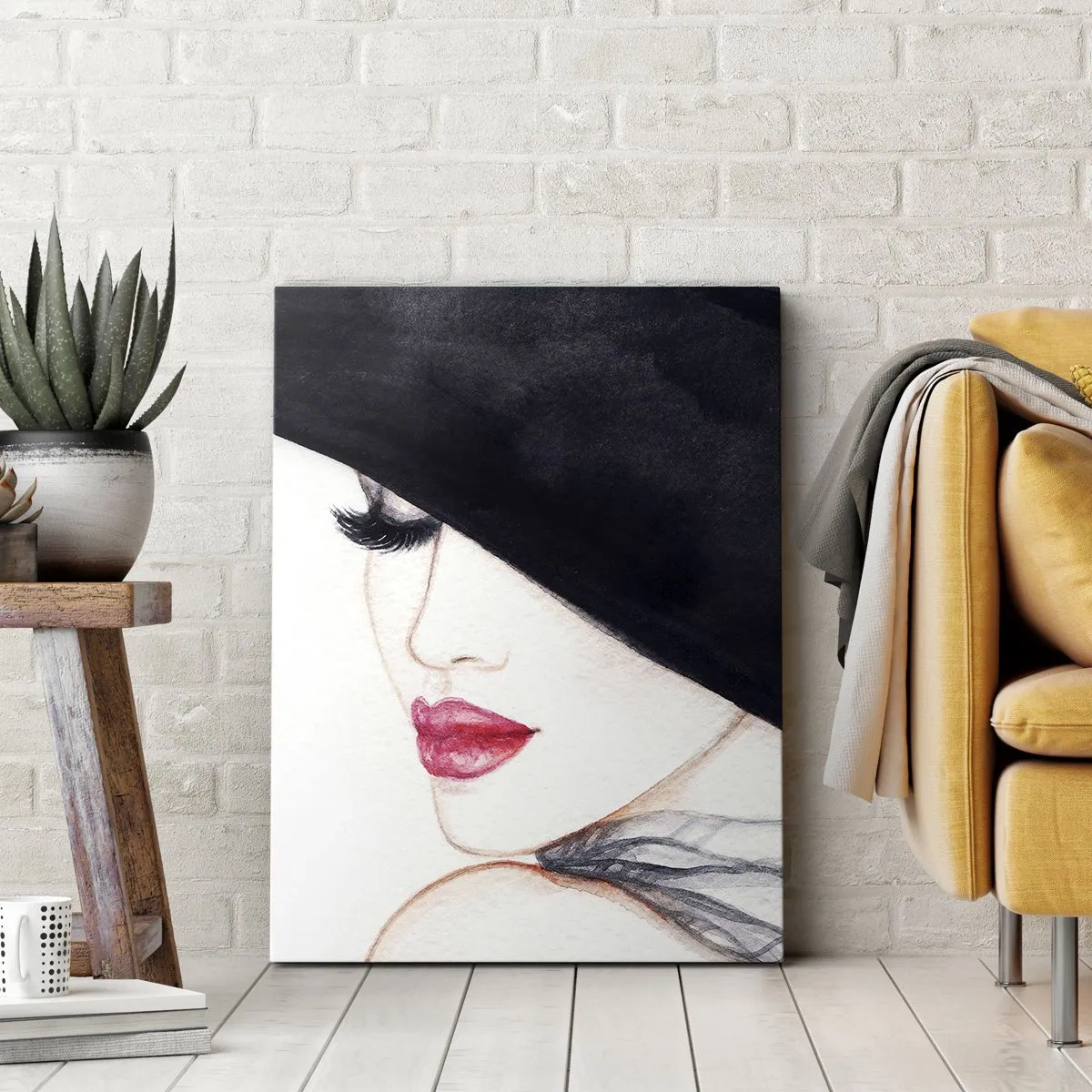 Obraz na płótnie - Elegancka kobieta w czarnym kapeluszu – rysunkowy styl - 50x70cm - Elegancja i zmysłowość - Nowoczesna dekoracja ścienna do salonu, kuchni i sypialni ARTTOR