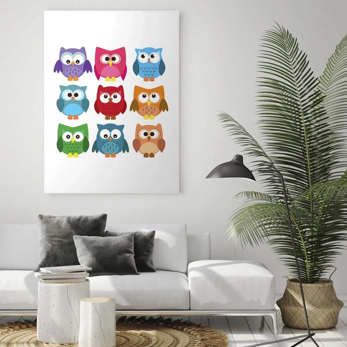 Obraz na szkle - Kolorowe ilustracje sów w dziecięcym stylu - 80x120cm - Różnić można się zabawnie - Nowoczesna dekoracja ścienna do salonu i sypialni ARTTOR