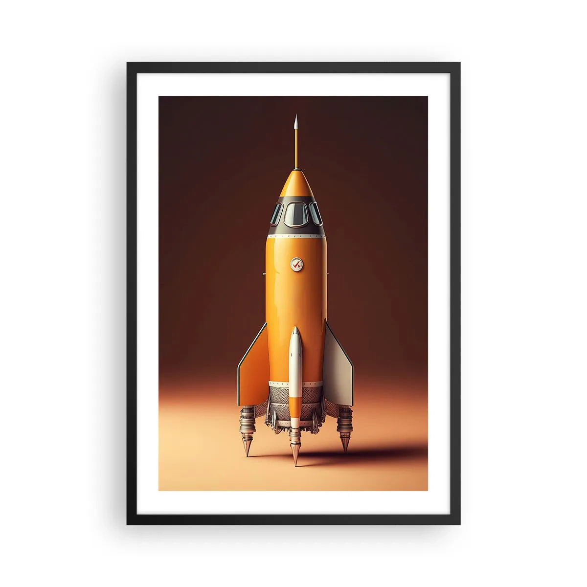 Plakat w czarnej ramie - Nowoczesna rakieta kosmiczna na tle ciepłych barw - 50x70cm - Zaczyna się od marzenia - Nowoczesna dekoracja ścienna do salonu i sypialni ARTTOR