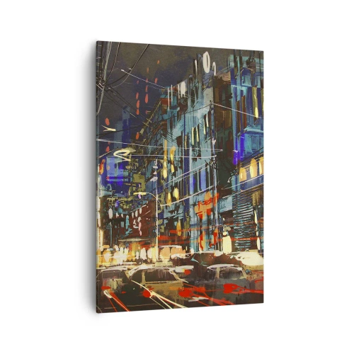 Obraz na płótnie - Miejska nocna scena z neonami - 70x100cm - Wieczorny gwar ulicy - Nowoczesna dekoracja ścienna do salonu i sypialni ARTTOR
