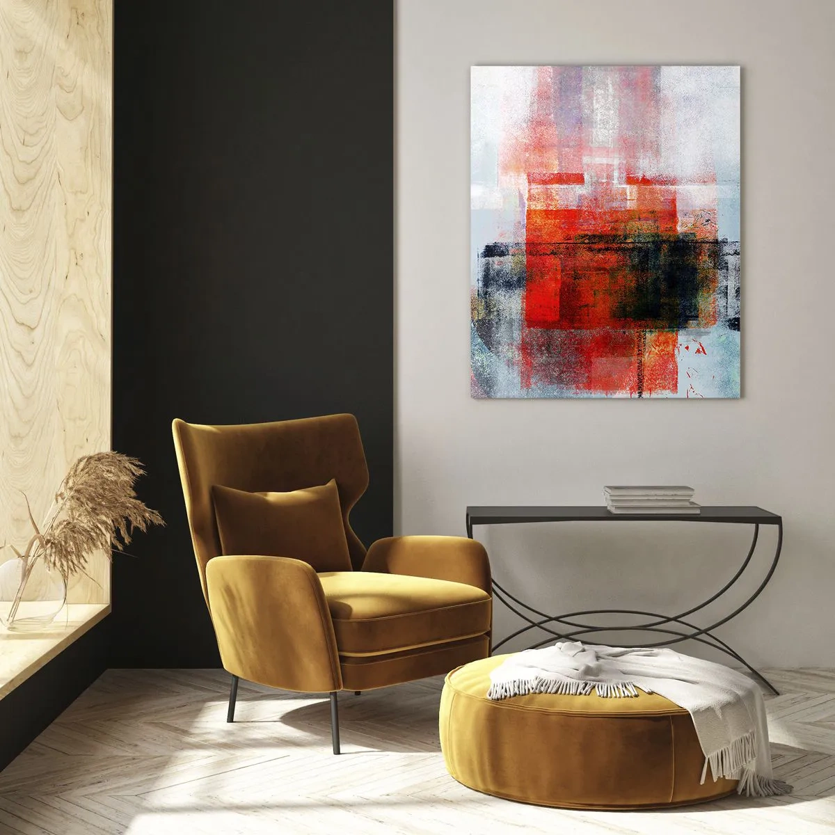 Obraz na szkle - Geometryczna abstrakcja w intensywnych odcieniach czerwieni i czerni - 50x70cm - Kompozycja rozżarzona - Nowoczesna dekoracja ścienna do salonu, kuchni i sypialni ARTTOR