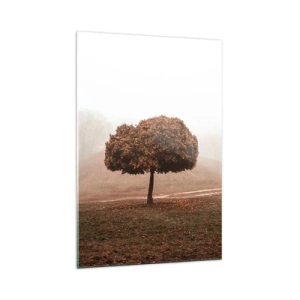 Obraz na szkle - Jesienne drzewo samotnie stojące we mgle na tle pagórkowatego krajobrazu - 70x100cm - Po pracowitym lecie - Nowoczesna dekoracja ścienna do salonu i sypialni ARTTOR