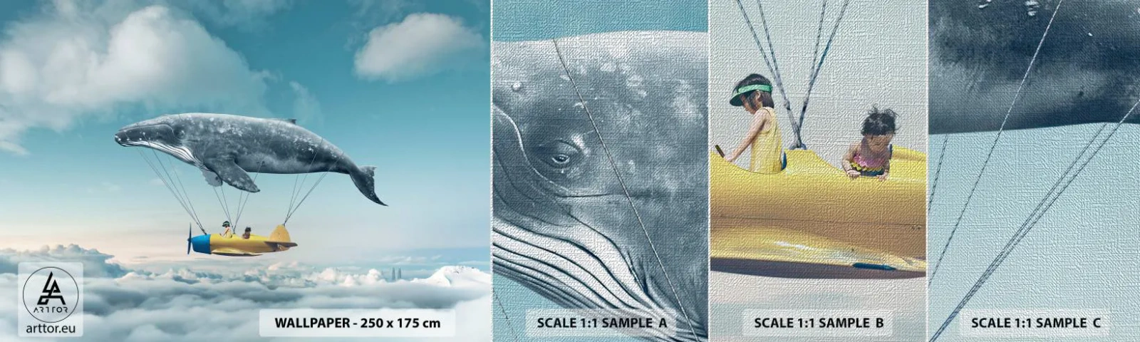 Fototapeta Próbka Premium Canvas - Dlaczego nie? - Wieloryb, Dzieci, Samolot - 100x30 cm