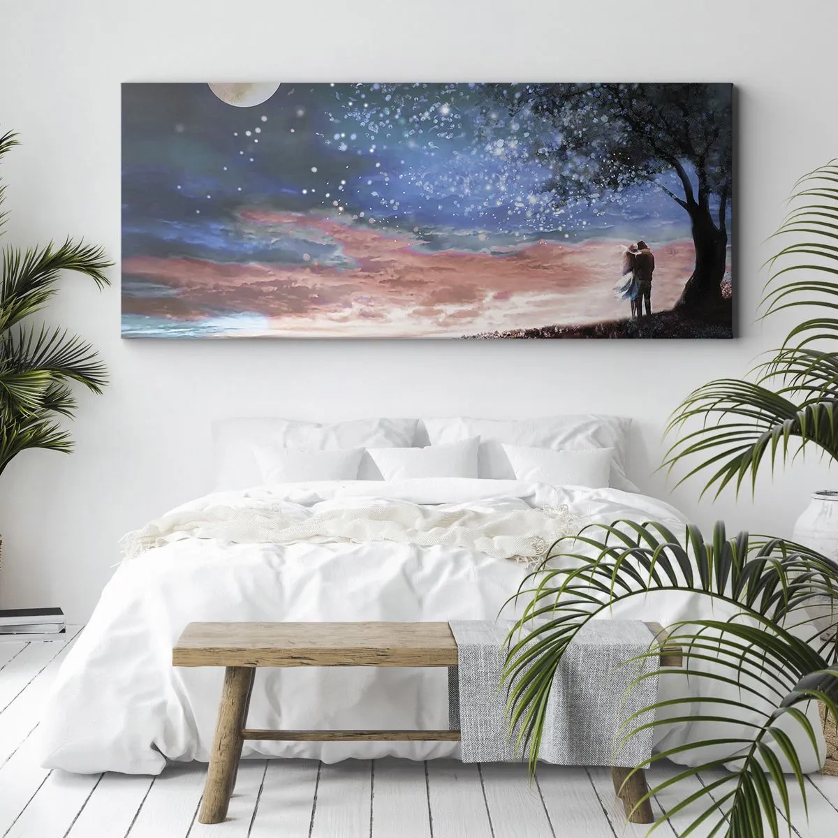 Obraz na płótnie - Romantyczna scena pary pod pełnią księżyca - 160x50cm - Gwiaździsty spektakl - Nowoczesna dekoracja ścienna do salonu i sypialni ARTTOR