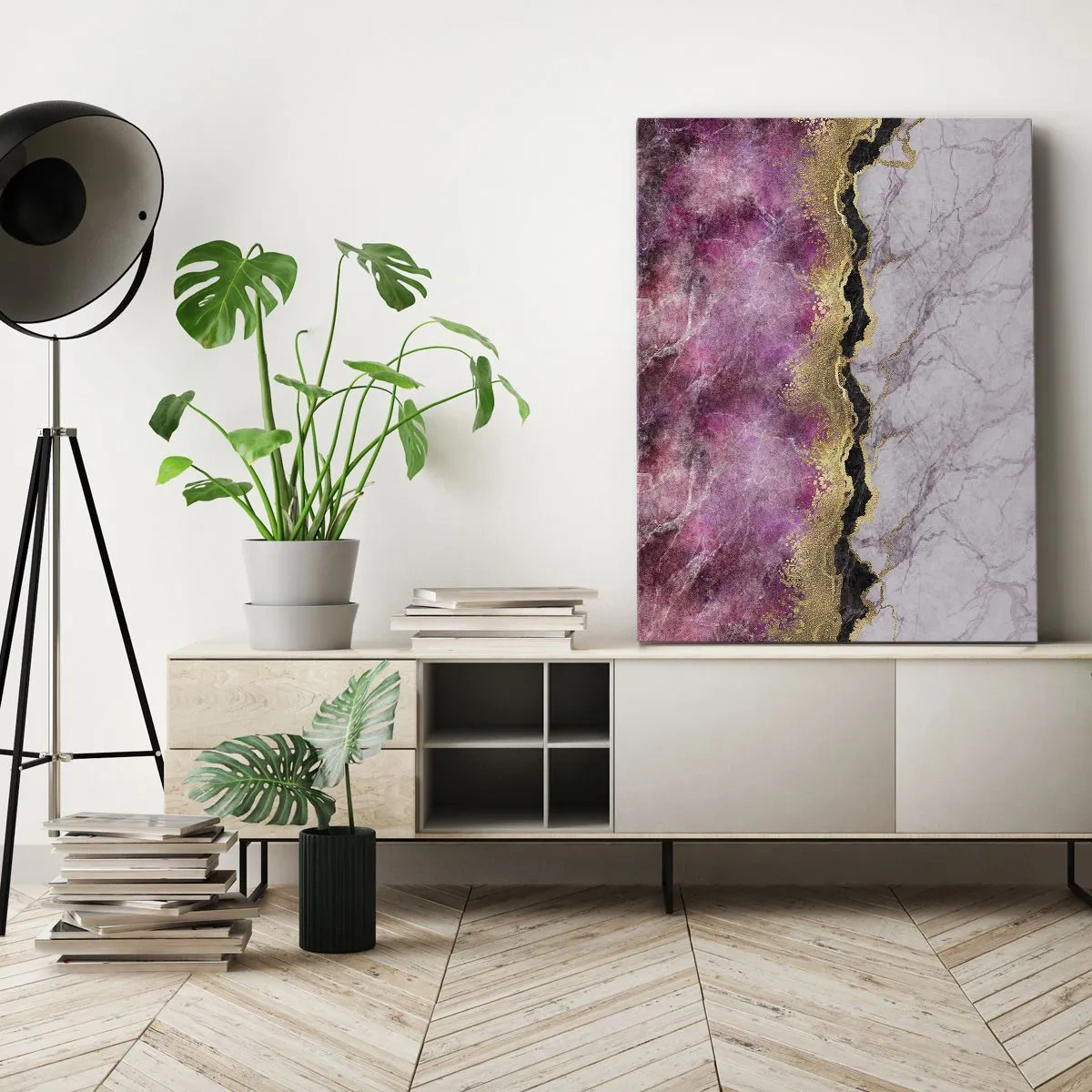 Obraz na płótnie - Abstrakcyjna kompozycja z marmurowym wzorem w odcieniach różu, złota i bieli - 50x70cm - Na granicy - Nowoczesna dekoracja ścienna do salonu, kuchni i sypialni ARTTOR