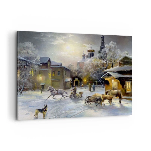 Obraz na płótnie - Zimowy krajobraz w rosyjskim miasteczku z saniami i kościołem - 100x70cm - Magia rosyjskiej zimy - Nowoczesna dekoracja ścienna do salonu, kuchni i sypialni ARTTOR