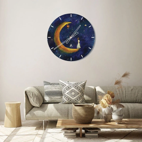 Zegar ścienny - Postać na księżycu w nocnym, bajkowym niebie z latarnią - 30x30cm - Wołanie świata - Nowoczesna dekoracja ścienna do salonu, kuchni i sypialni ARTTOR