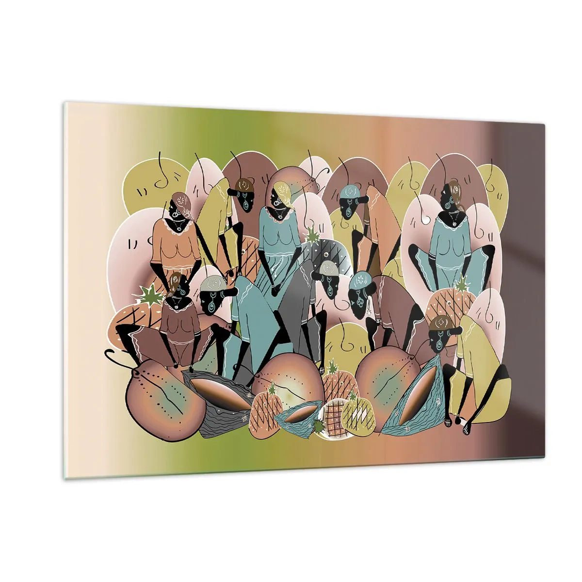 Obraz na szkle - Abstrakcyjna ilustracja przedstawiająca postacie w odcieniach beżu, zieleni i różu - 120x80cm - Nadchodzi wielkie święto - Nowoczesna dekoracja ścienna do salonu, kuchni i sypialni ARTTOR
