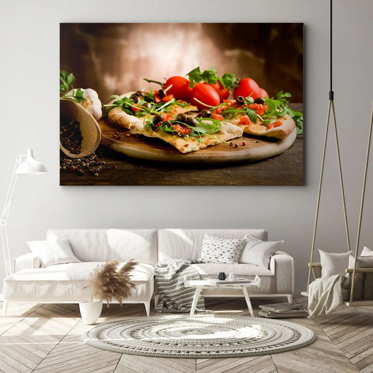 Obraz na płótnie - Pizza z warzywami na drewnianej desce w rustykalnym stylu - 70x50cm - Prosto z pieca i z ogrodu - Nowoczesna dekoracja ścienna do salonu i sypialni ARTTOR