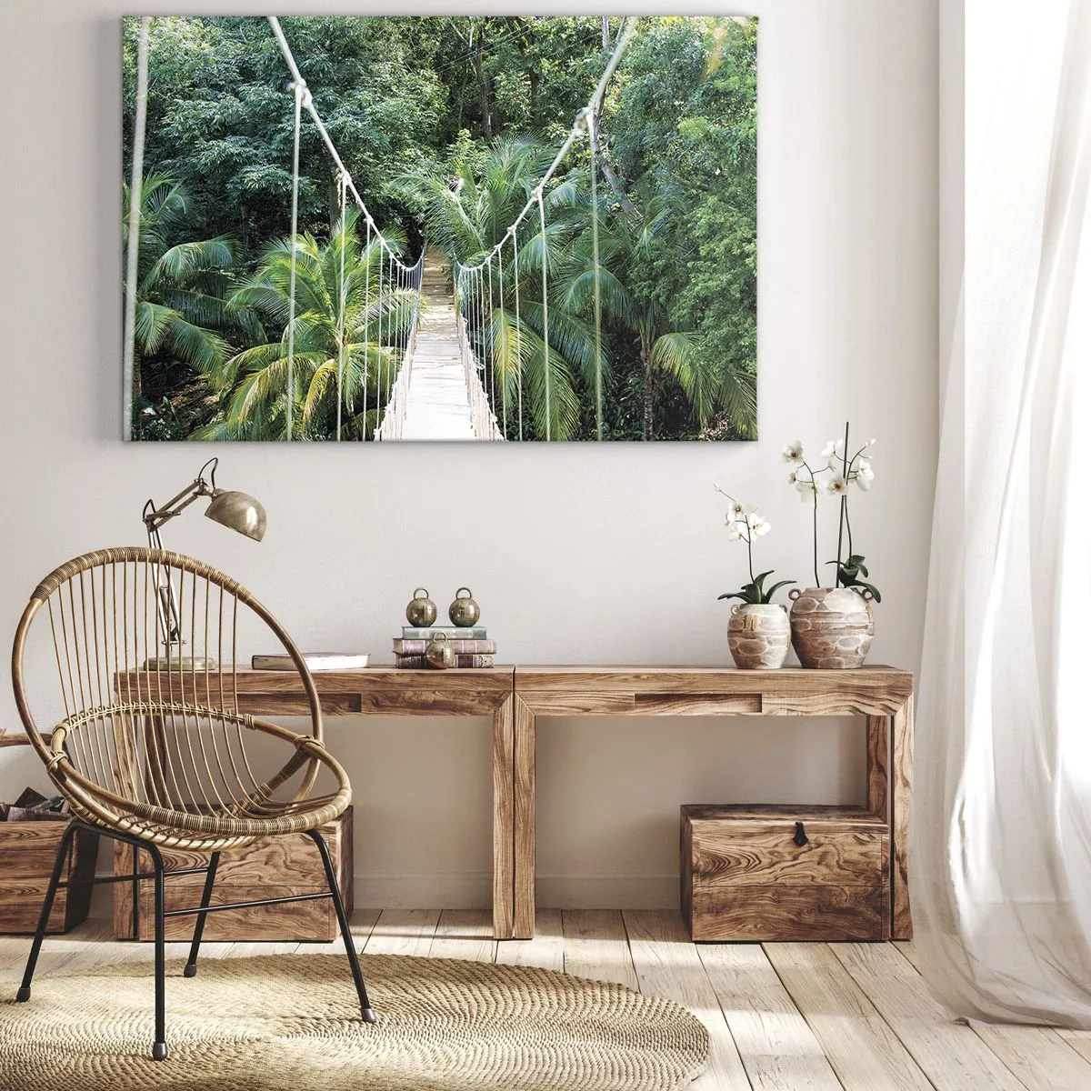 Obraz na płótnie - Wiszący most w tropikalnej dżungli pełnej zieleni - 70x50cm - Welcome to the jungle! - Nowoczesna dekoracja ścienna do salonu i sypialni ARTTOR