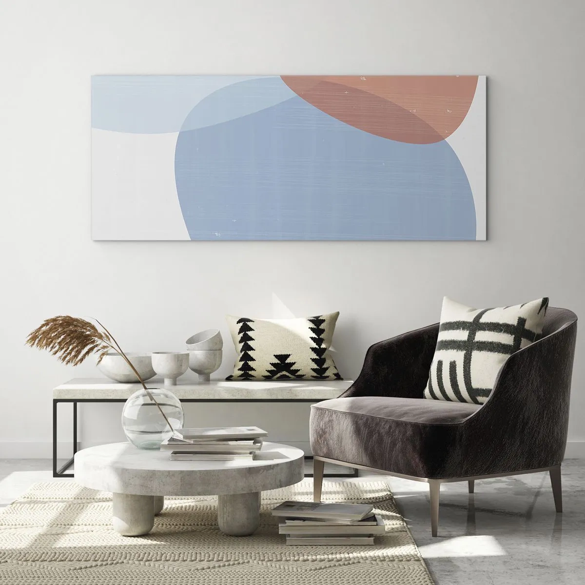 Obraz na szkle - Abstrakcyjna kompozycja w pastelowych odcieniach niebieskiego i różowego z organicznymi kształtami - 120x50cm - Pastelowe związki - Nowoczesna dekoracja ścienna do salonu i sypialni ARTTOR