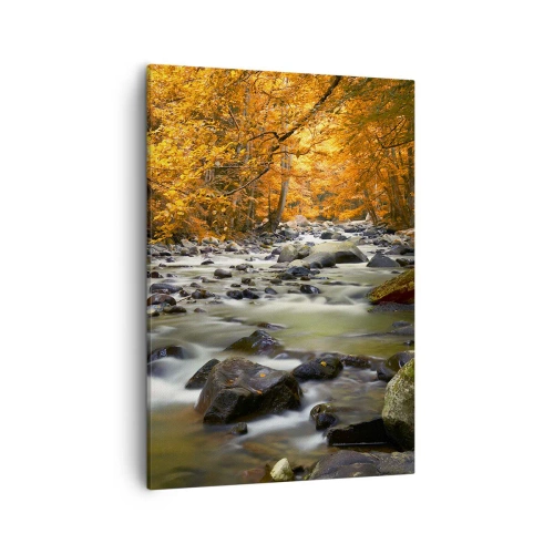 Obraz na płótnie - Jesienny strumień w lesie pełnym złotych liści - 50x70cm - Potok w złotym lesie - Nowoczesna dekoracja ścienna do salonu, kuchni i sypialni ARTTOR