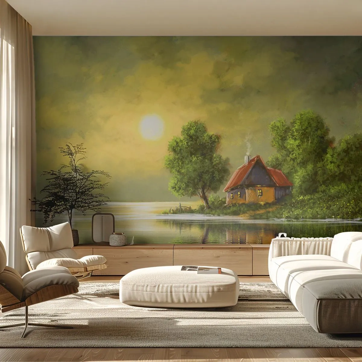 Fototapeta Premium Sand - Domek nad jeziorem o zachodzie słońca - 100x70cm - Pięknie, jak z obrazka - Nowoczesna dekoracja ścienna do salonu, kuchni i sypialni ARTTOR