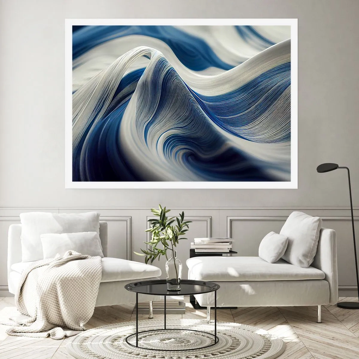 Plakat - Abstrakcyjne fale w odcieniach błękitu i bieli - 100x70cm - Płynność błękitu i bieli - Nowoczesna dekoracja ścienna do salonu i sypialni ARTTOR