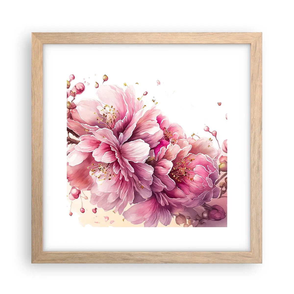 Plakat w ramie jasny dąb - Kwiat kwitnącej wiśni - 30x30 cm