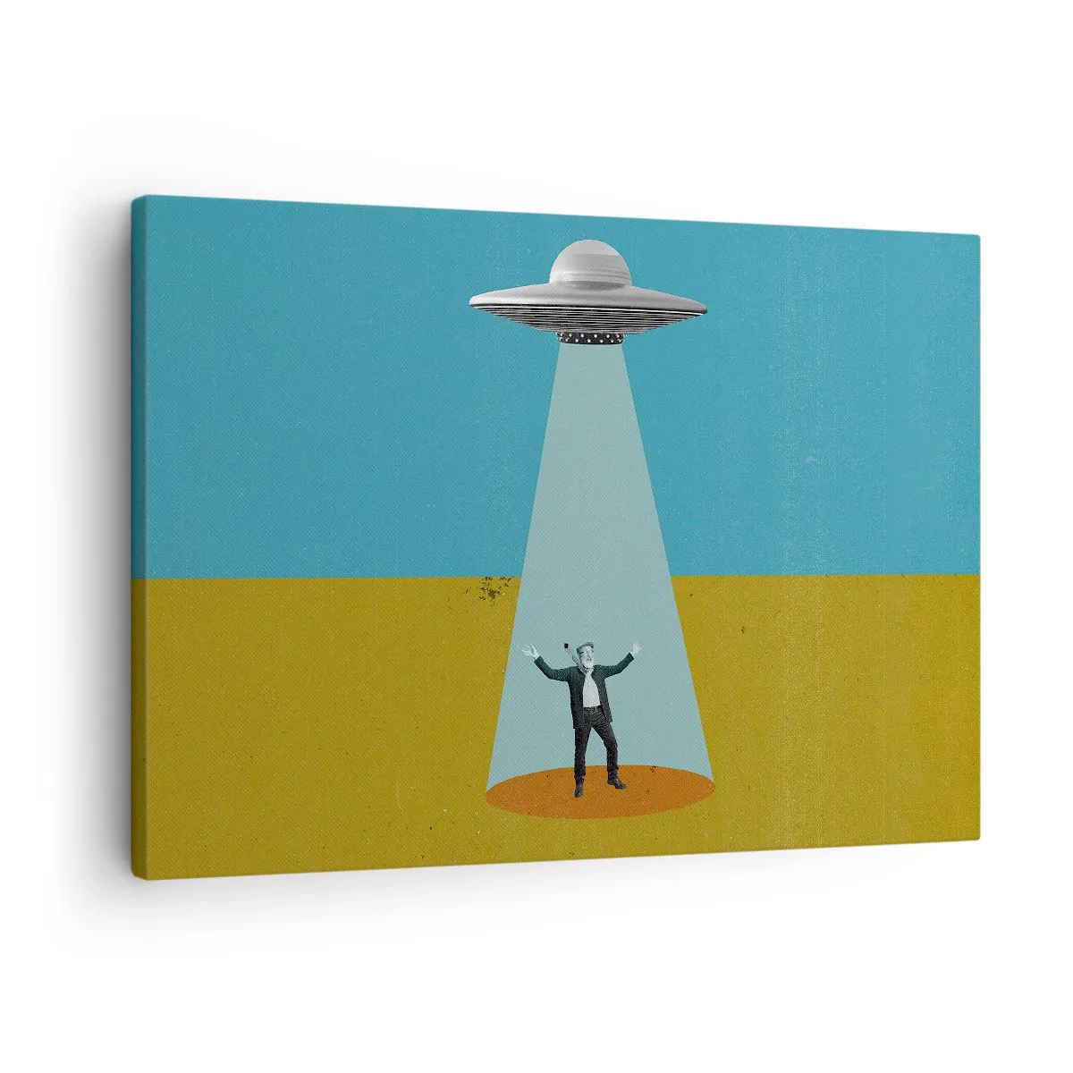 Obraz na płótnie - Człowiek w świetle UFO na tle kolorowego pejzażu - 70x50cm - Bliskie spotkanie - Nowoczesna dekoracja ścienna do salonu i sypialni ARTTOR