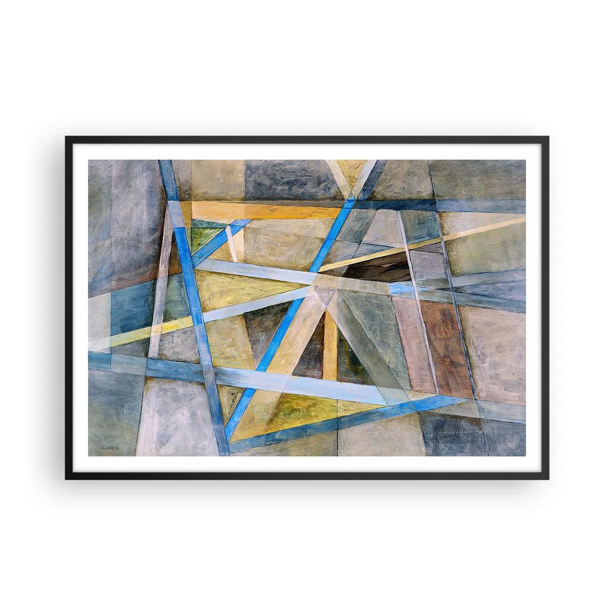 Plakat w czarnej ramie - Geometryczna kompozycja z jasnymi i niebieskimi liniami - 100x70cm - Na wprost czy na skos? - Nowoczesna dekoracja ścienna do salonu i sypialni ARTTOR