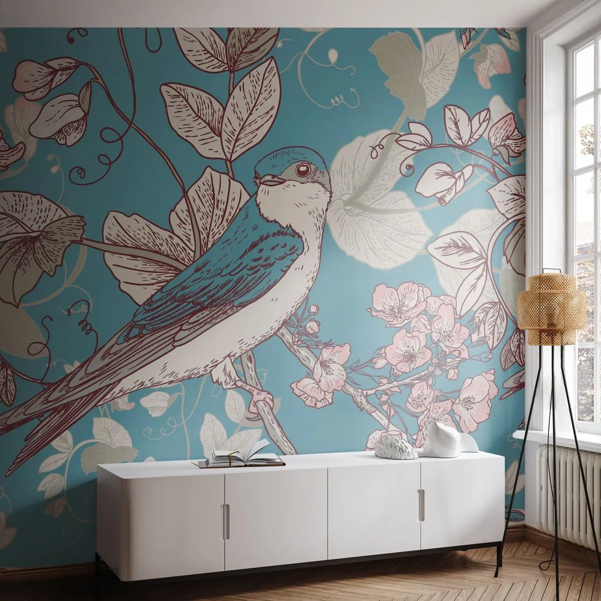 Fototapeta Premium Canvas - Ptak na gałęzi w delikatnym floralnym stylu - 100x70cm - W białodrzewiu ćwirnie i srebliście - Nowoczesna dekoracja ścienna do salonu i sypialni ARTTOR