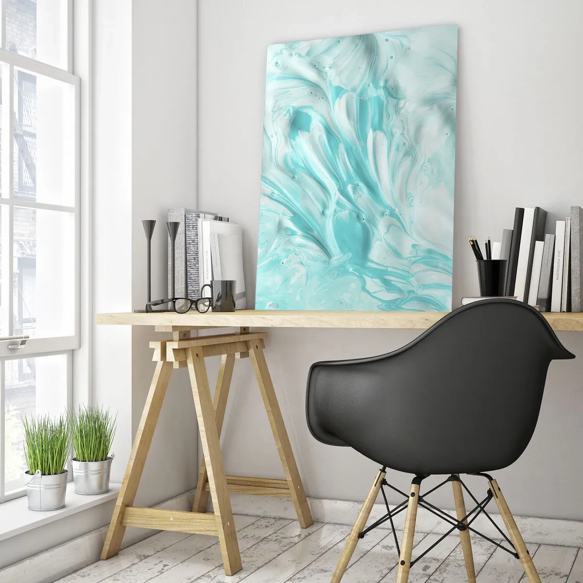 Obraz na szkle - Abstrakcyjne niebiesko-białe wzory przypominające ruch fal - 50x70cm - Na zawsze razem - Nowoczesna dekoracja ścienna do salonu, kuchni i sypialni ARTTOR