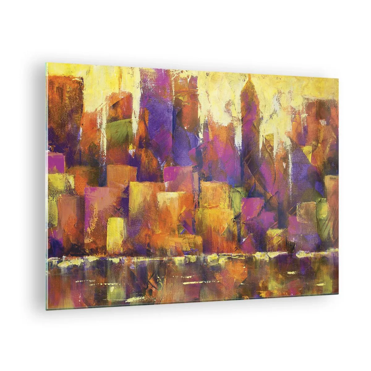 Obraz na szkle - Abstrakcyjna metropolia w ciepłych barwach z akcentami fioletu - 70x50cm - Kompozycja metropolitalna - Nowoczesna dekoracja ścienna do salonu i sypialni ARTTOR
