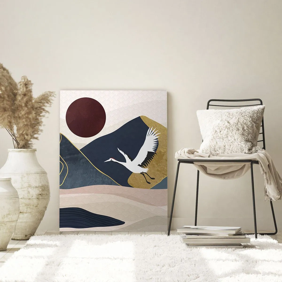 Obraz na szkle - Dwa żurawie lecące nad falistym krajobrazem z czerwonym słońcem - 50x70cm - I znowu ZLECIAŁ dzień - Nowoczesna dekoracja ścienna do salonu, kuchni i sypialni ARTTOR