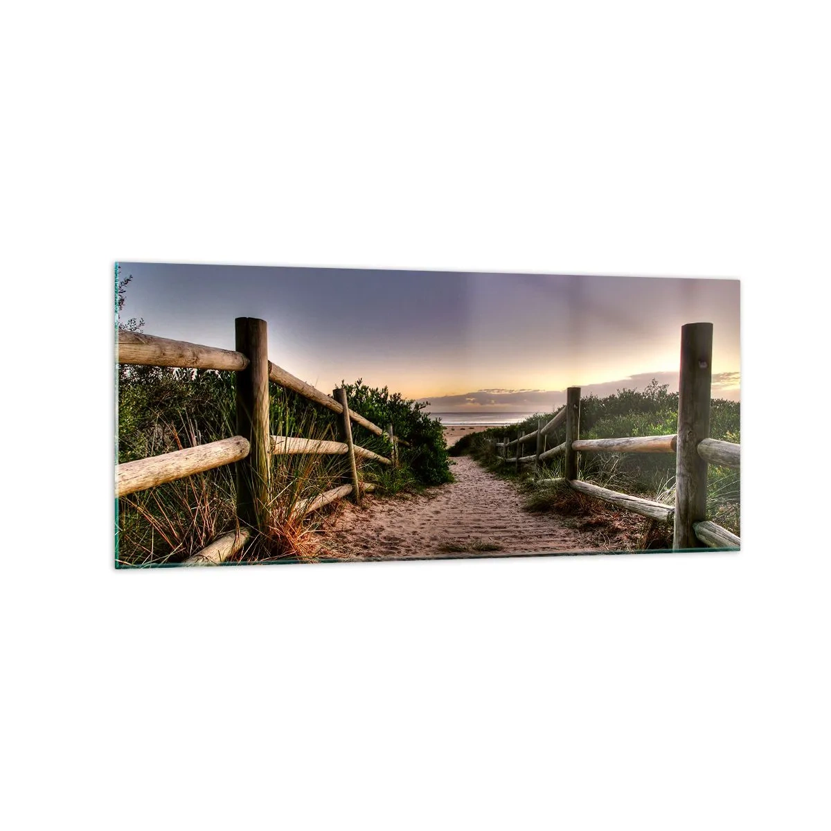 Obraz na szkle - Drewniana ścieżka na wydmach prowadząca na plażę o zachodzie słońca - 120x50cm - Już widać cel - Nowoczesna dekoracja ścienna do salonu i sypialni ARTTOR