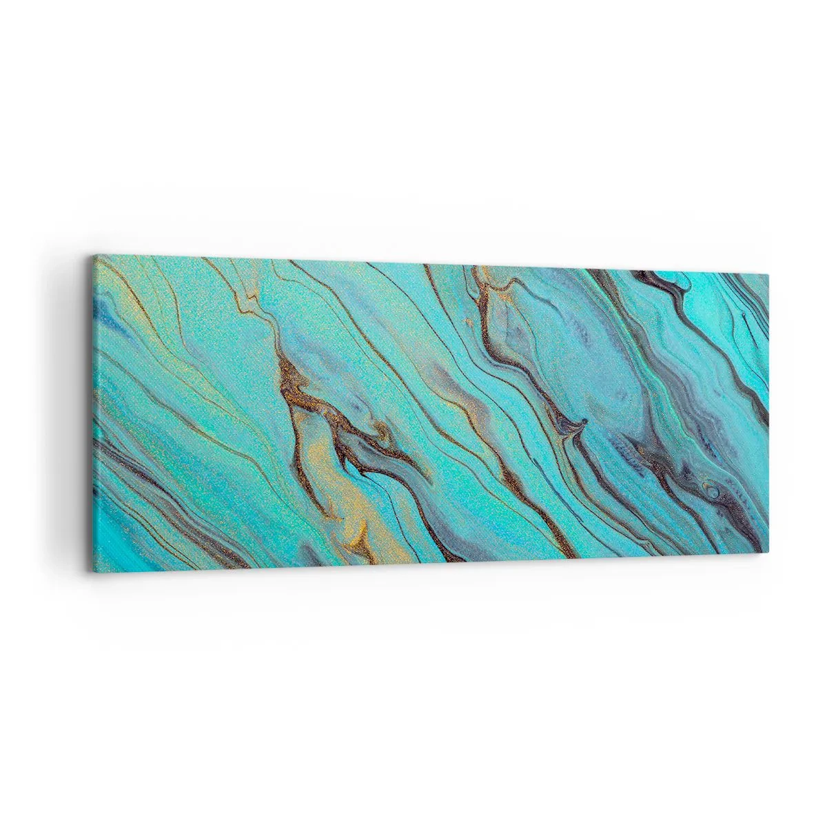 Obraz na płótnie - Abstrakcyjne fale w odcieniach turkusu i złota - 120x50cm - Turkusowy przypływ - Nowoczesna dekoracja ścienna do salonu i sypialni ARTTOR