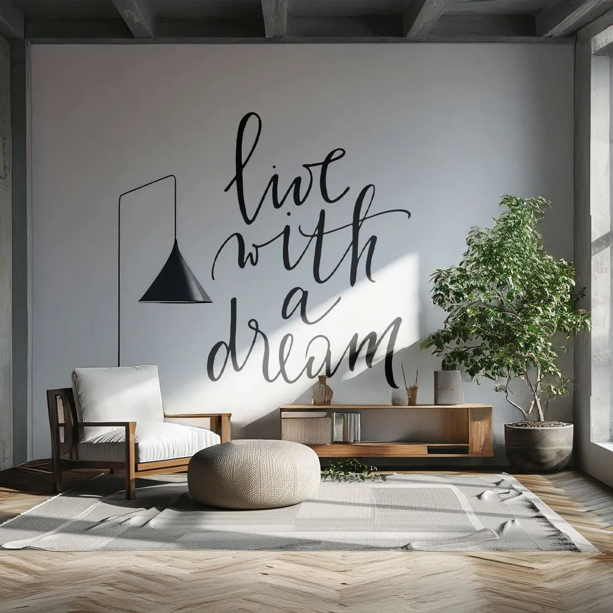 Fototapeta Premium Sand - Cytat 'Live with a dream' w eleganckim czarnym piśmie - 100x70cm - Of course - Nowoczesna dekoracja ścienna do salonu, kuchni i sypialni ARTTOR