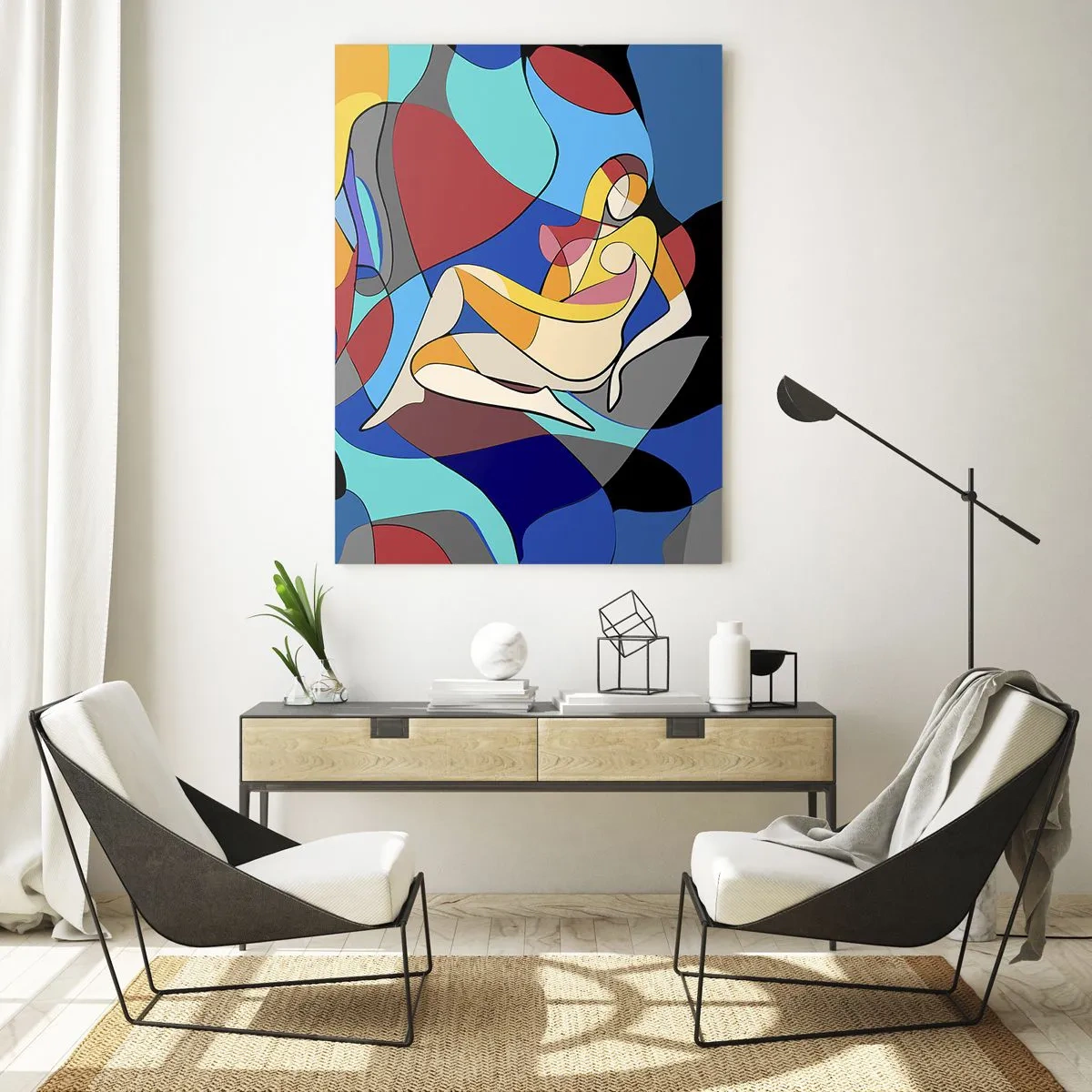 Obraz na szkle - Kubistyczna kobieta w abstrakcyjnej kompozycji - 50x70cm - Kubistyczny akt - Nowoczesna dekoracja ścienna do salonu, kuchni i sypialni ARTTOR