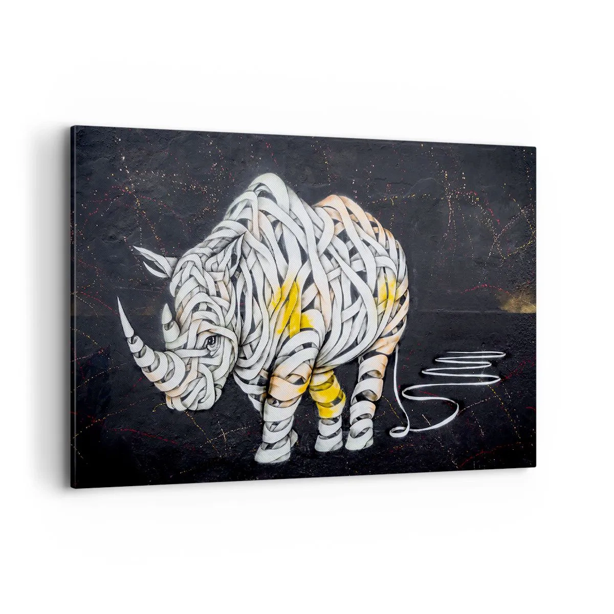 Obraz na płótnie - Rzeźbiony nosorożec z abstrakcyjnych pasów na ciemnym tle - 100x70cm - Gruboskórność to mit - Nowoczesna dekoracja ścienna do salonu, kuchni i sypialni ARTTOR