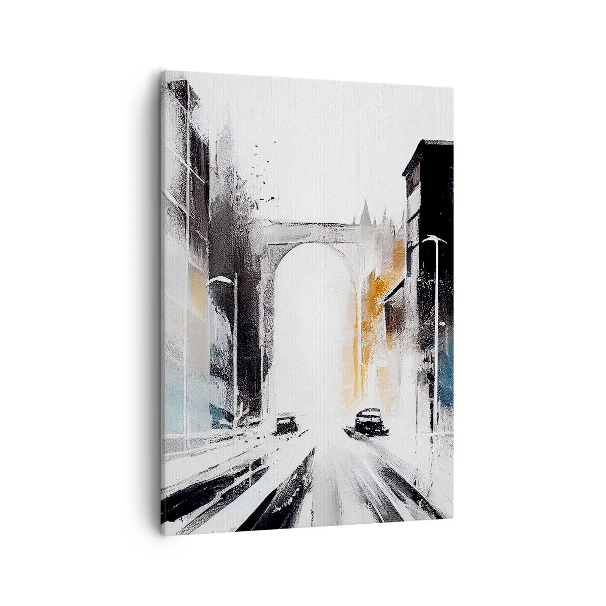 Obraz na płótnie - Nowoczesna impresja miejskiej ulicy z łukiem triumfalnym w tle - 50x70cm - Studium miasta: architektura i ruch - Nowoczesna dekoracja ścienna do salonu, kuchni i sypialni ARTTOR