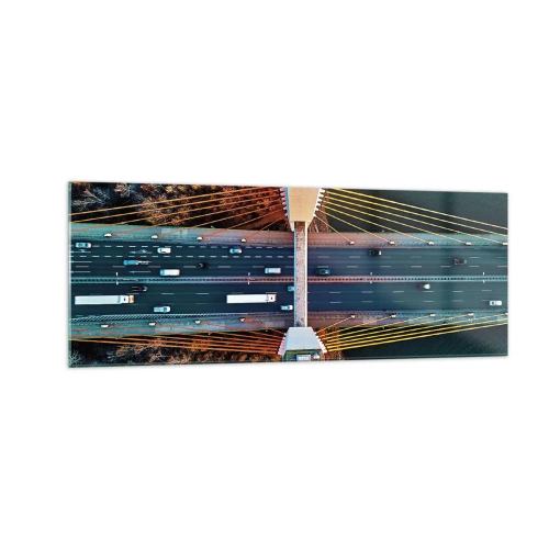 Obraz na szkle - Most widziany z lotu ptaka nad rzeką i jesiennym krajobrazem - 140x50cm - ZA wodami, za lasami - Nowoczesna dekoracja ścienna do salonu i sypialni ARTTOR