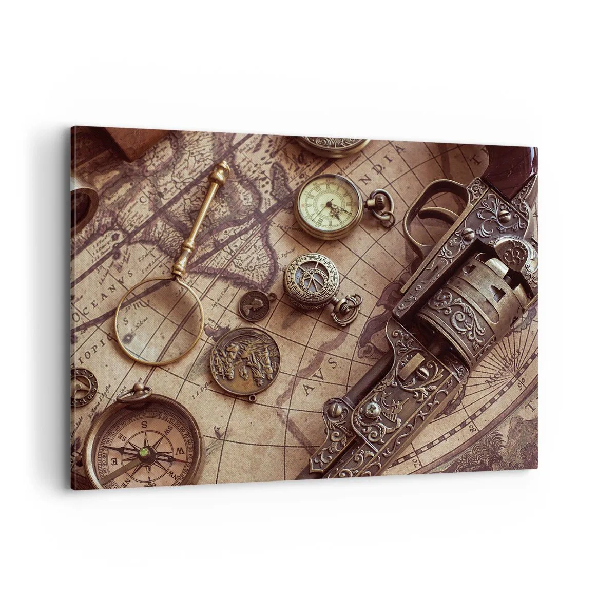 Obraz na płótnie - Zabytkowe przedmioty na starej mapie w retro stylu - 100x70cm - Przygoda wzywa - Nowoczesna dekoracja ścienna do salonu, kuchni i sypialni ARTTOR