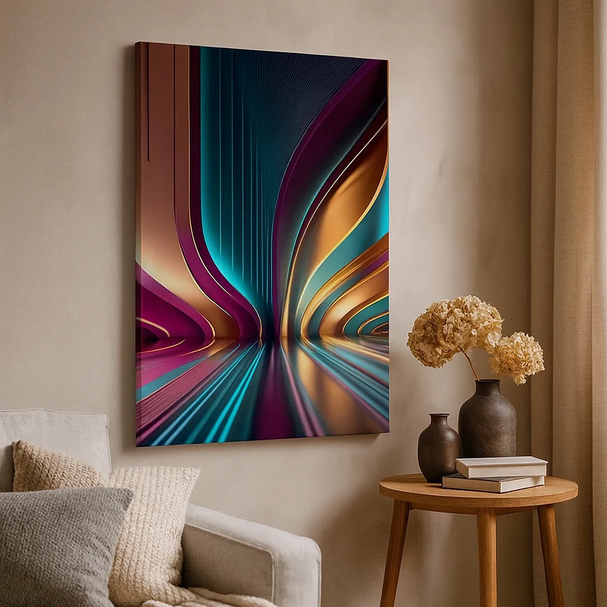 Obraz na płótnie - Futurystyczna abstrakcja z dynamicznymi liniami i światłem - 50x70cm - Architektura światła - Nowoczesna dekoracja ścienna do salonu, kuchni i sypialni ARTTOR