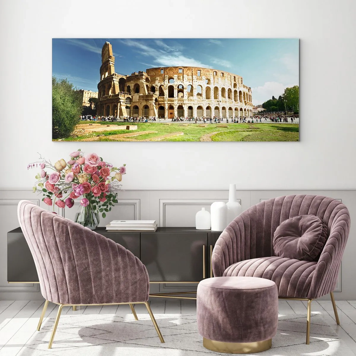 Obraz na szkle - Koloseum w Rzymie w otoczeniu zieleni i błękitnego nieba - 160x50cm - Jeszcze słychać szczęk broni - Nowoczesna dekoracja ścienna do salonu i sypialni ARTTOR