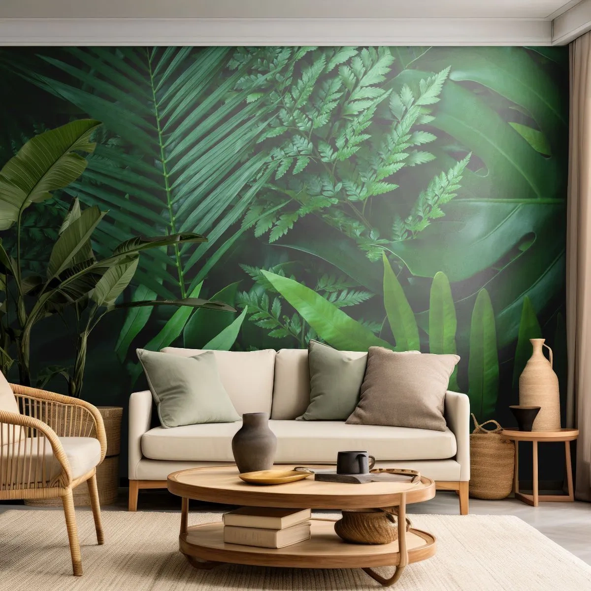Fototapeta Premium Sand - Zielone tropikalne liście o intensywnym nasyceniu barw - 100x70cm - Utulone w zieleni - Nowoczesna dekoracja ścienna do salonu, kuchni i sypialni ARTTOR