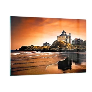 Obraz na szkle - Dom na klifie z widokiem na morze o zachodzie słońca - 120x80cm - Elegancja zachodniego wybrzeża - Nowoczesna dekoracja ścienna do salonu, kuchni i sypialni ARTTOR